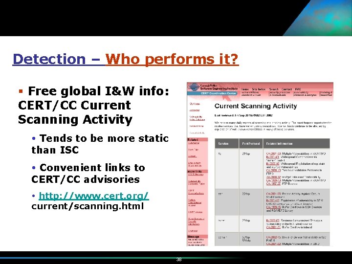 Detection – Who performs it? § Free global I&W info: CERT/CC Current Scanning Activity