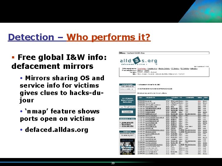 Detection – Who performs it? § Free global I&W info: defacement mirrors Mirrors sharing