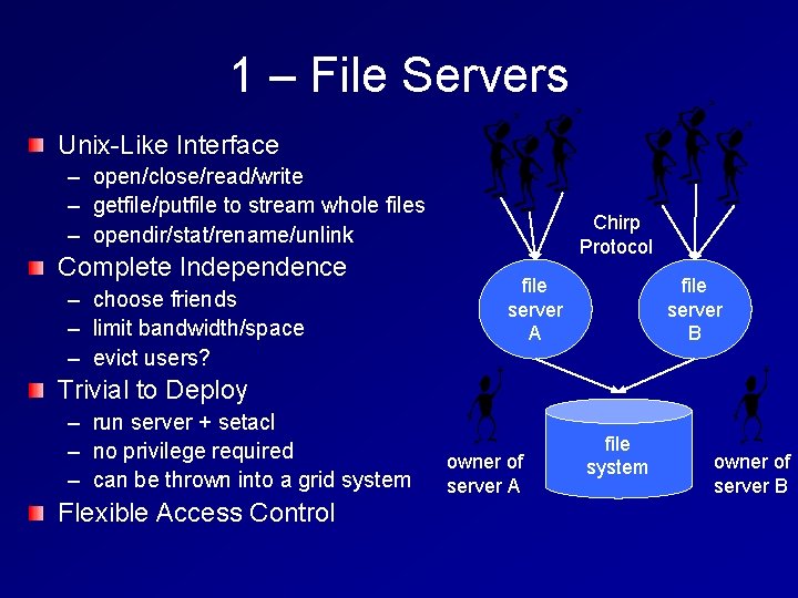 1 – File Servers Unix-Like Interface – open/close/read/write – getfile/putfile to stream whole files