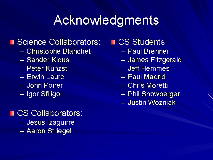 Acknowledgments Science Collaborators: – – – Christophe Blanchet Sander Klous Peter Kunzst Erwin Laure