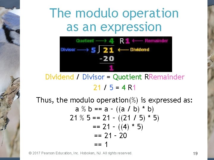 The modulo operation as an expression Dividend / Divisor = Quotient RRemainder 21 /