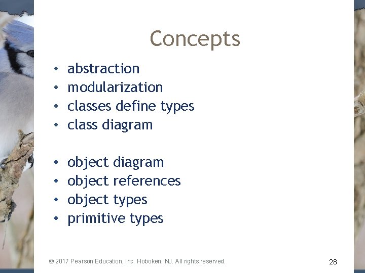 Concepts • • abstraction modularization classes define types class diagram • • object diagram