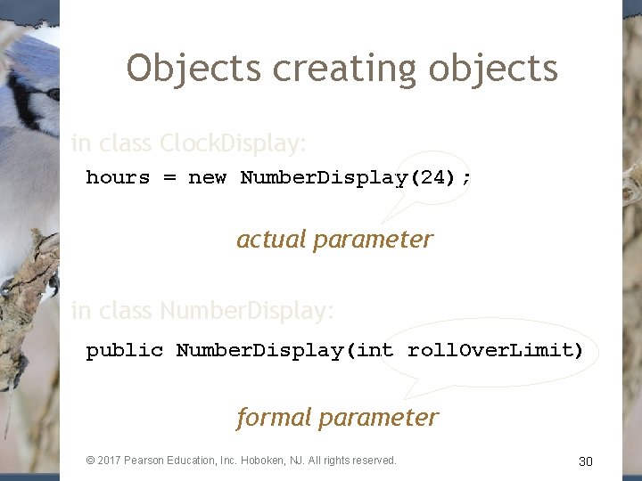 Objects creating objects in class Clock. Display: hours = new Number. Display(24); actual parameter