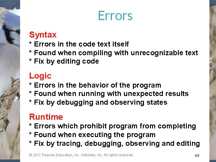 Errors Syntax * Errors in the code text itself * Found when compiling with