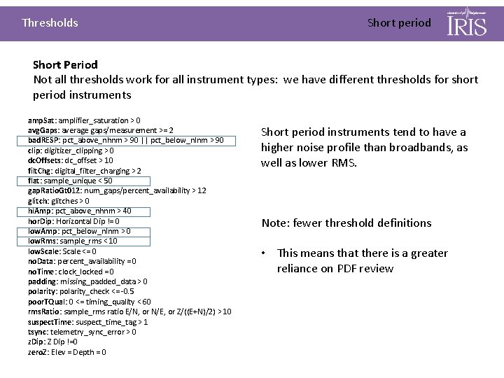 Thresholds Short period Short Period Not all thresholds work for all instrument types: we