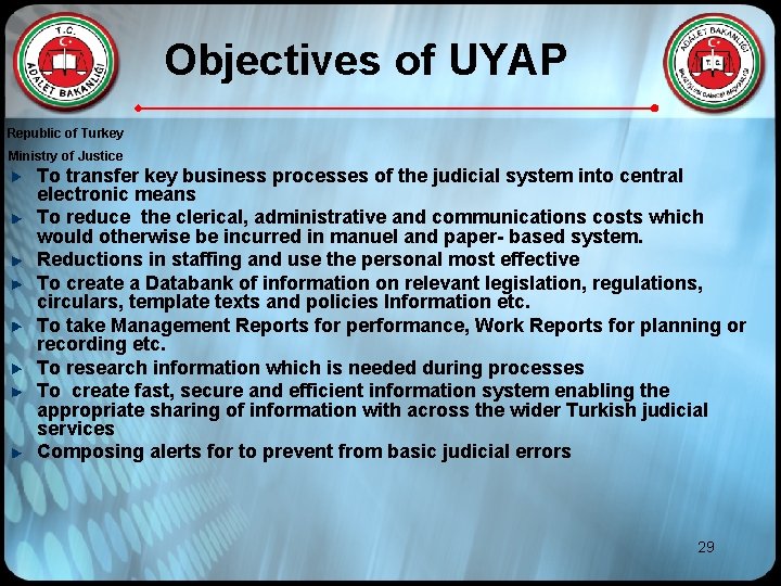 Objectives of UYAP Republic of Turkey Ministry of Justice To transfer key business processes