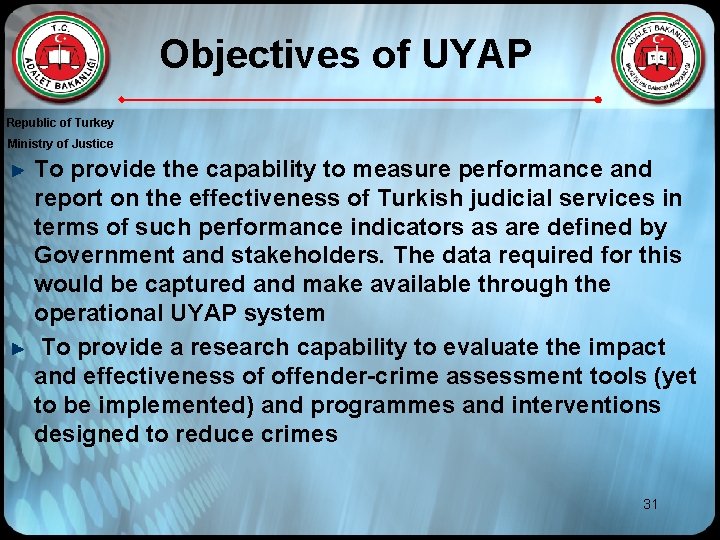 Objectives of UYAP Republic of Turkey Ministry of Justice To provide the capability to