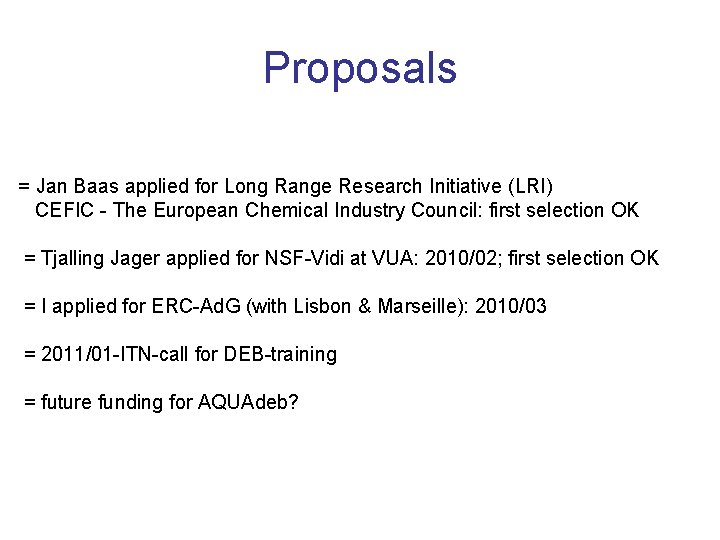 Proposals = Jan Baas applied for Long Range Research Initiative (LRI) CEFIC - The