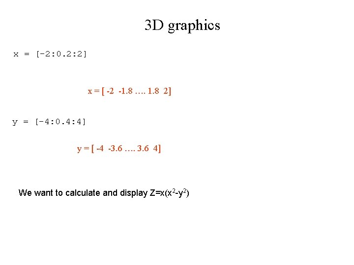 3 D graphics x = [-2: 0. 2: 2] x = [ -2 -1.