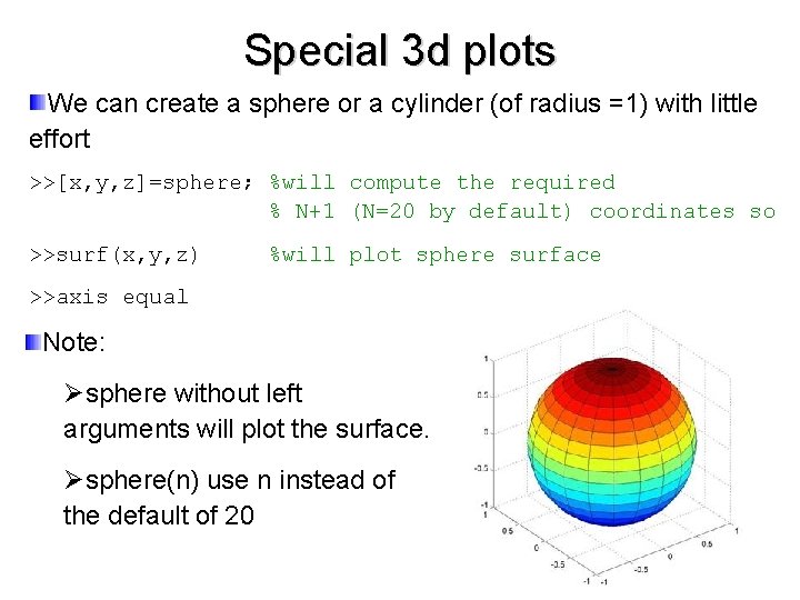 Special 3 d plots We can create a sphere or a cylinder (of radius