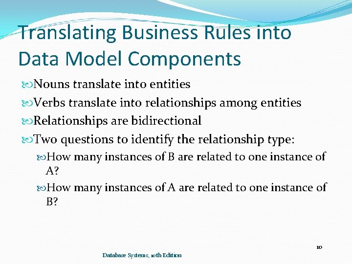 Translating Business Rules into Data Model Components Nouns translate into entities Verbs translate into Translating Business Rules into Data Model Components Nouns translate into entities Verbs translate into