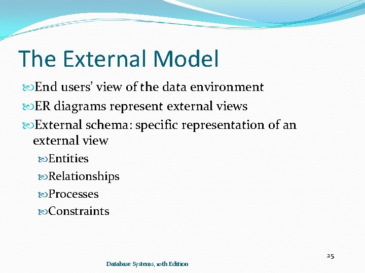 The External Model End users’ view of the data environment ER diagrams represent external The External Model End users’ view of the data environment ER diagrams represent external