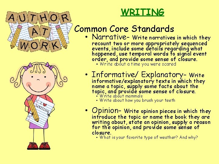 WRITING Common Core Standards • Narrative- Write narratives in which they recount two or