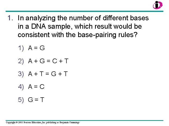 1. In analyzing the number of different bases in a DNA sample, which result