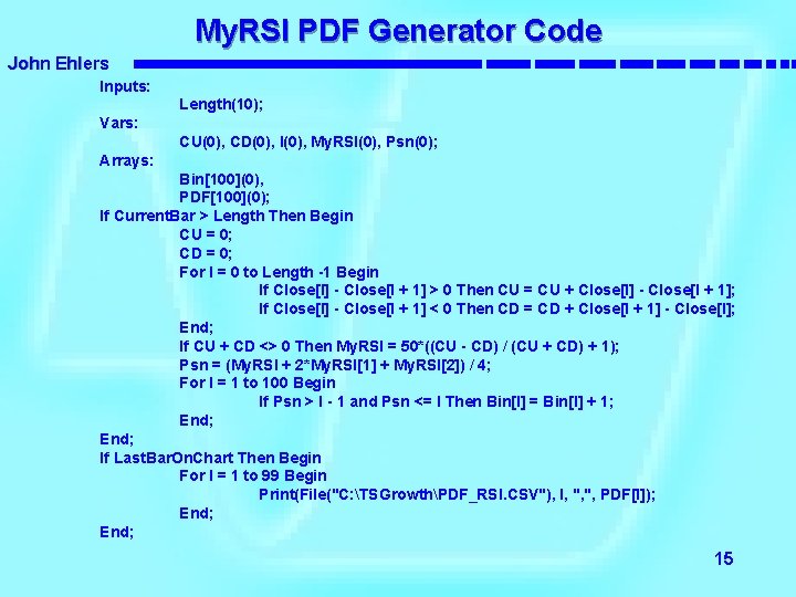 My. RSI PDF Generator Code John Ehlers Inputs: Length(10); Vars: CU(0), CD(0), I(0), My.