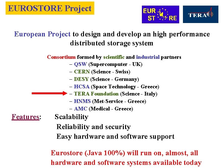 EUROSTORE Project European Project to design and develop an high performance distributed storage system