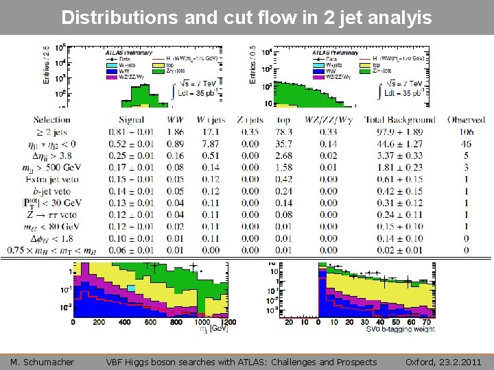 Distributions and cut flow in 2 jet analyis M. Schumacher VBF Higgs boson searches