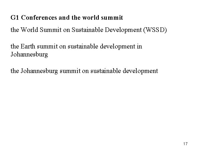 G 1 Conferences and the world summit the World Summit on Sustainable Development (WSSD)