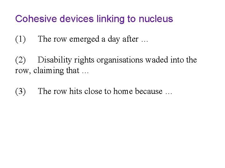 Cohesive devices linking to nucleus (1) The row emerged a day after … (2)