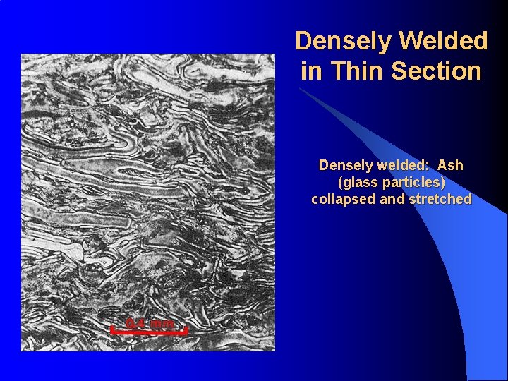 Densely Welded in Thin Section Densely welded: Ash (glass particles) collapsed and stretched 