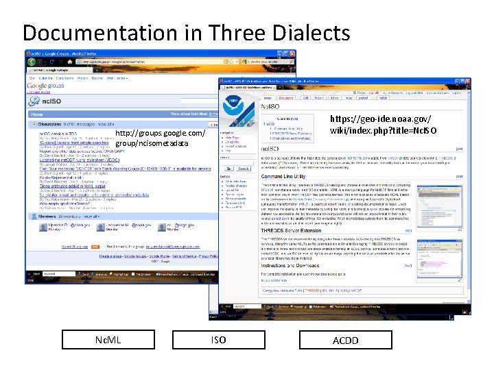 Documentation in Three Dialects https: //geo-ide. noaa. gov/ wiki/index. php? title=Nc. ISO http: //groups.