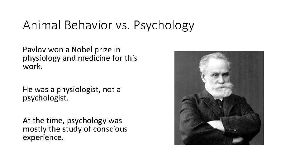Animal Behavior vs. Psychology Pavlov won a Nobel prize in physiology and medicine for