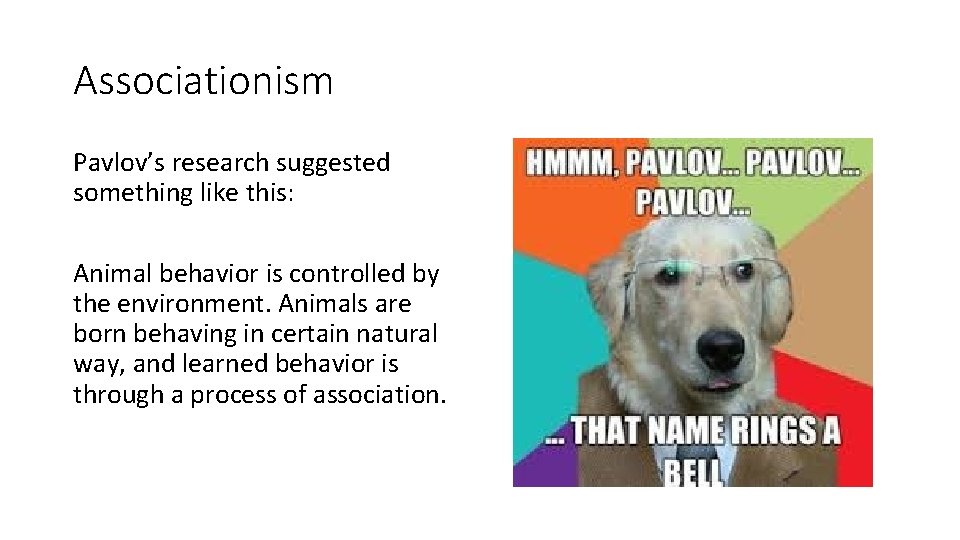 Associationism Pavlov’s research suggested something like this: Animal behavior is controlled by the environment.