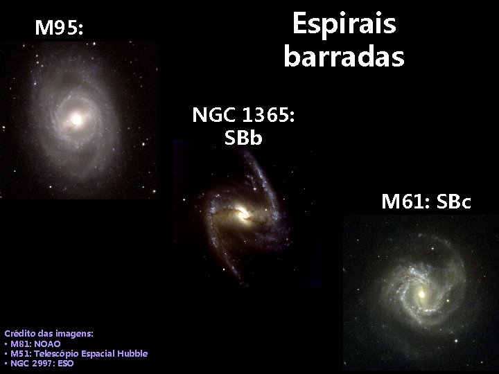 M 95: SBa Espirais barradas NGC 1365: SBb M 61: SBc Crédito das imagens: