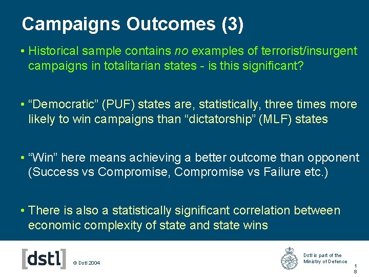 Campaigns Outcomes (3) • Historical sample contains no examples of terrorist/insurgent campaigns in totalitarian