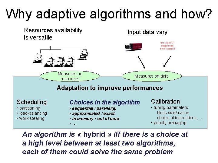 Why adaptive algorithms and how? Resources availability is versatile Measures on resources Input data