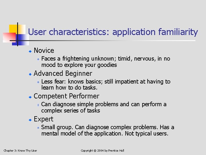 User characteristics: application familiarity Novice Faces a frightening unknown; timid, nervous, in no mood