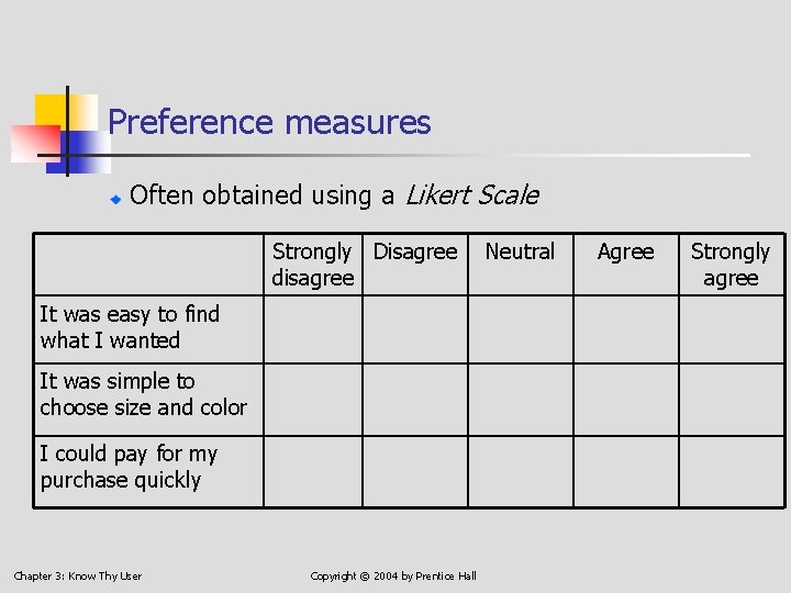 Preference measures Often obtained using a Likert Scale Strongly Disagree disagree It was easy