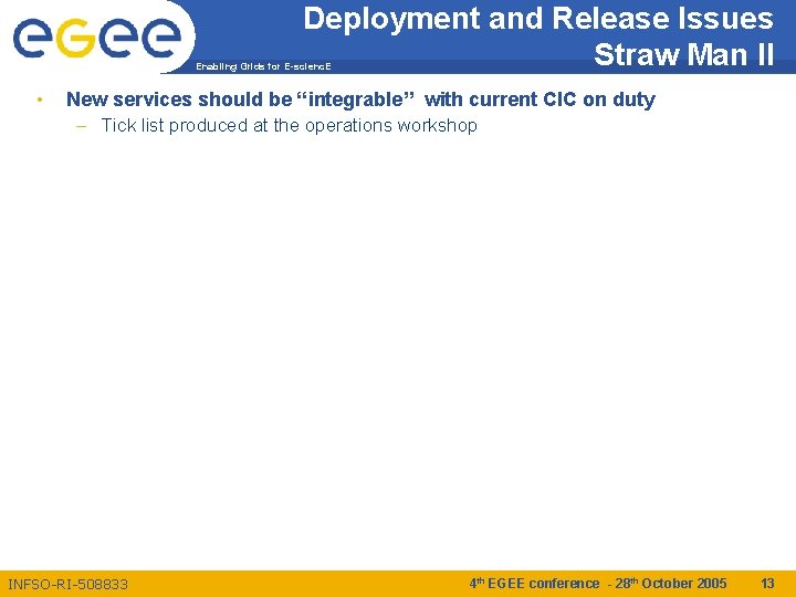 Deployment and Release Issues Straw Man II Enabling Grids for E-scienc. E • New