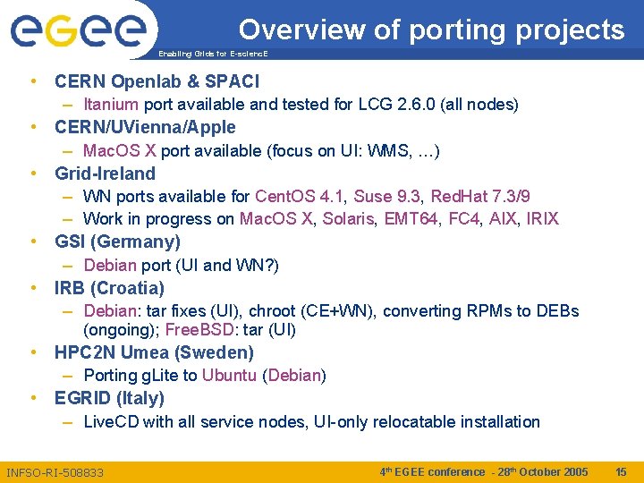 Overview of porting projects Enabling Grids for E-scienc. E • CERN Openlab & SPACI