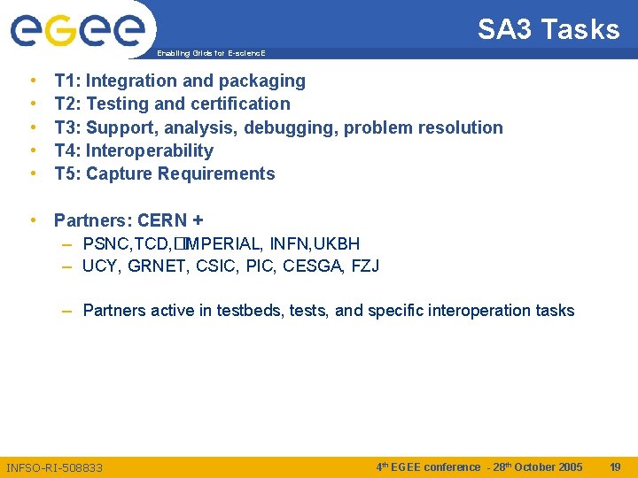  SA 3 Tasks Enabling Grids for E-scienc. E • • • T 1: