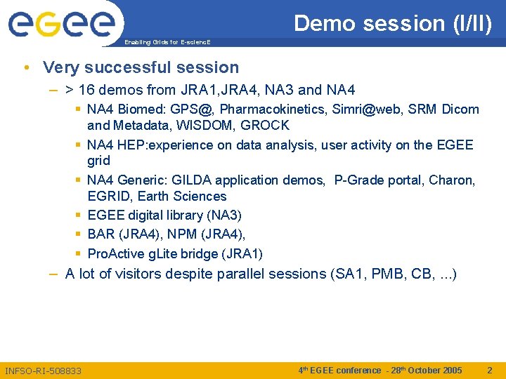 Demo session (I/II) Enabling Grids for E-scienc. E • Very successful session – >