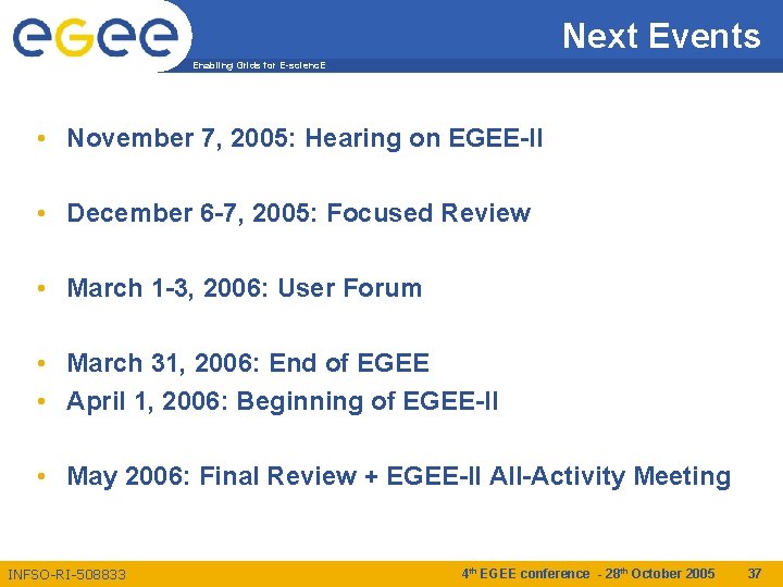 Next Events Enabling Grids for E-scienc. E • November 7, 2005: Hearing on EGEE-II