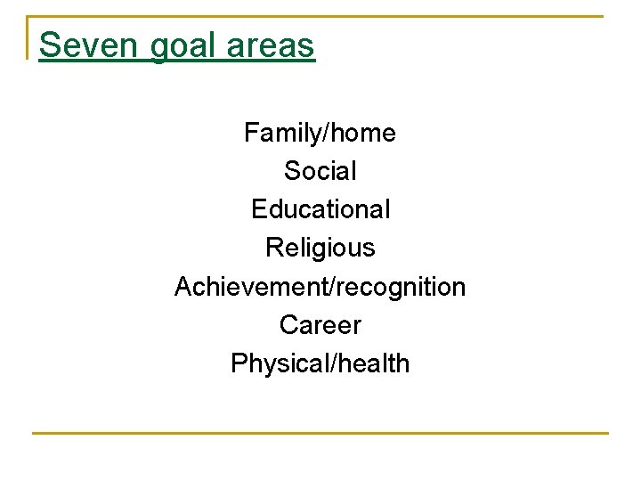 Seven goal areas Family/home Social Educational Religious Achievement/recognition Career Physical/health 