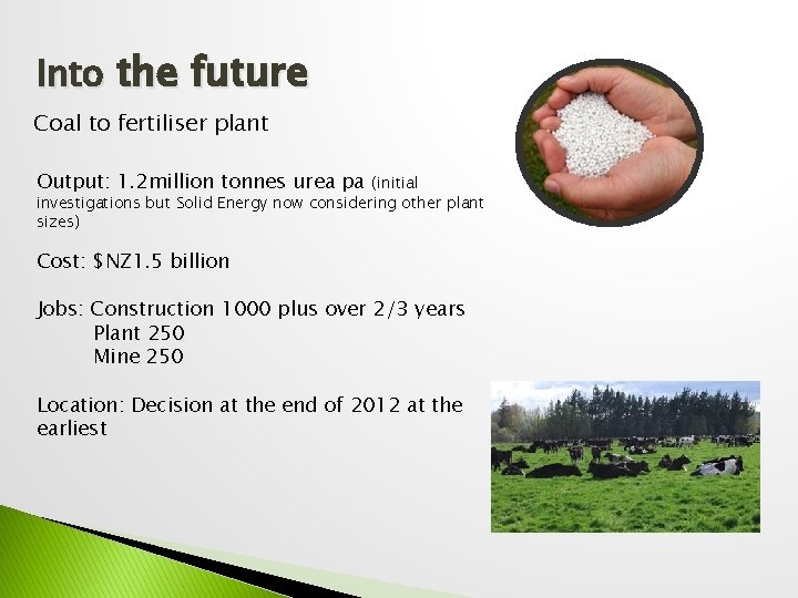 Into the future Coal to fertiliser plant Output: 1. 2 million tonnes urea pa