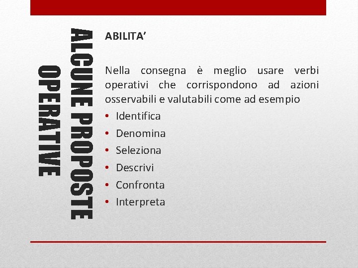 ALCUNE PROPOSTE OPERATIVE ABILITA’ Nella consegna è meglio usare verbi operativi che corrispondono ad