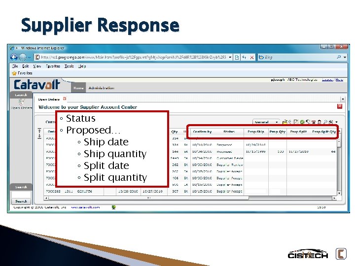 Supplier Response ◦ Status ◦ Proposed… ◦ Ship date ◦ Ship quantity ◦ Split