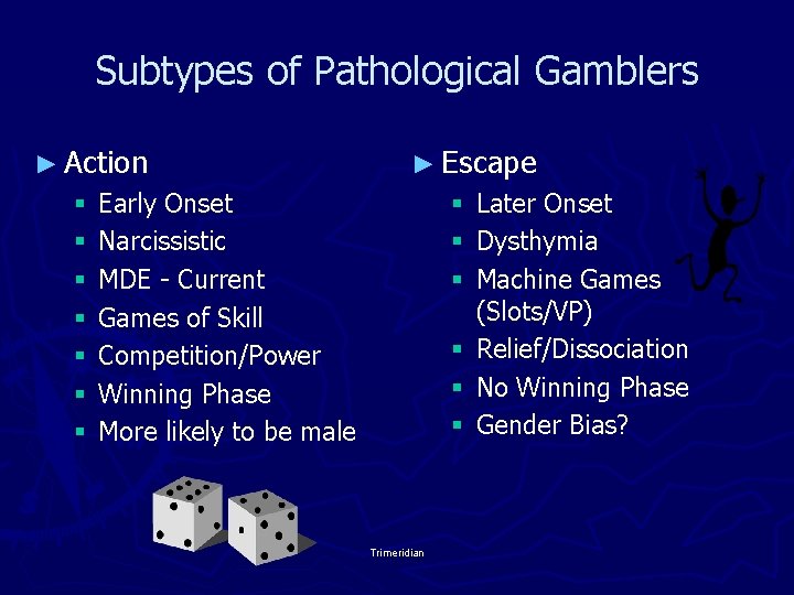 Subtypes of Pathological Gamblers ► Action § § § § ► Escape Early Onset