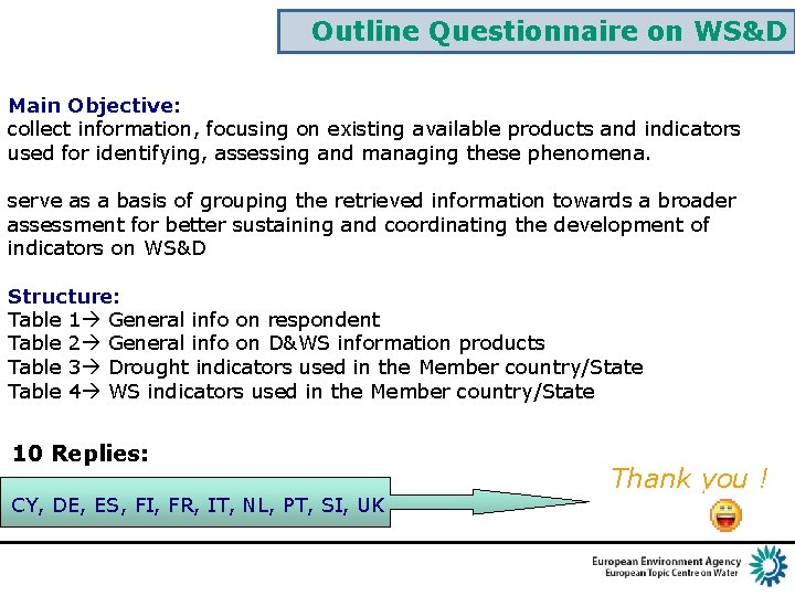 Outline Questionnaire on WS&D Main Objective: collect information, focusing on existing available products and