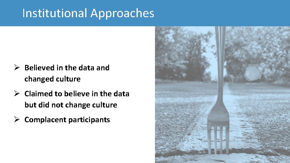 Institutional Approaches Believed in the data and changed culture Claimed to believe in the