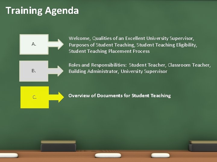 Training Agenda A. Welcome, Qualities of an Excellent University Supervisor, Purposes of Student Teaching,