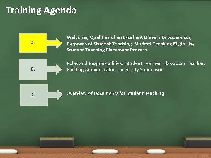Training Agenda A. Welcome, Qualities of an Excellent University Supervisor, Purposes of Student Teaching,