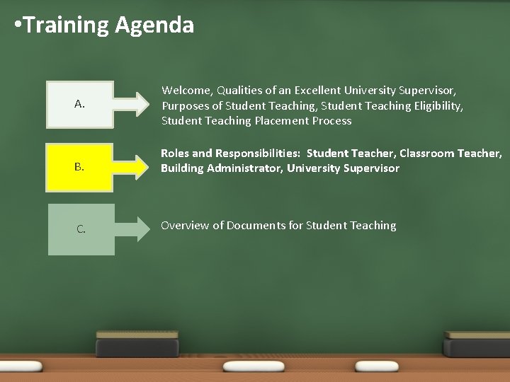  • Training Agenda A. Welcome, Qualities of an Excellent University Supervisor, Purposes of