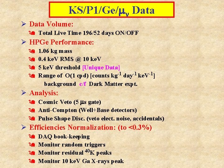 KS/P 1/Ge/mn Data Ø Data Volume: Total Live Time 196/52 days ON/OFF Ø HPGe