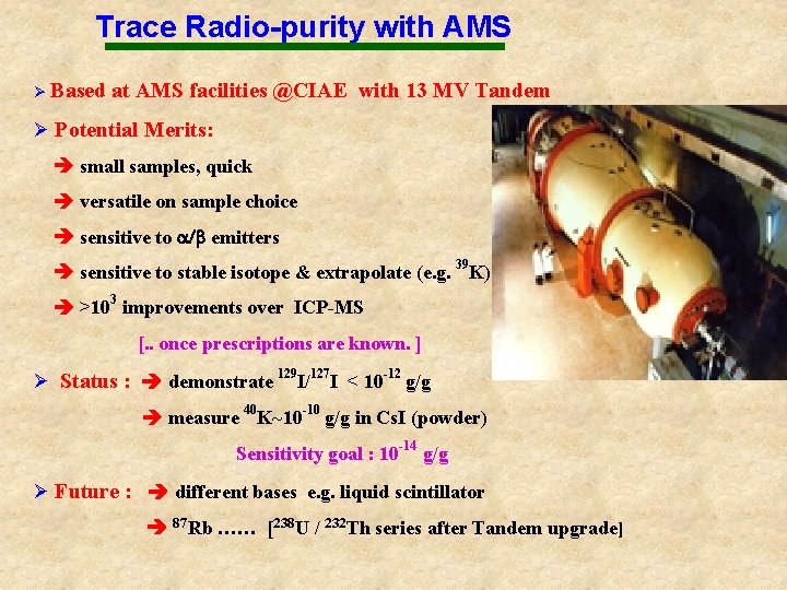 Trace Radio-purity with AMS Ø Based at AMS facilities @CIAE with 13 MV Tandem