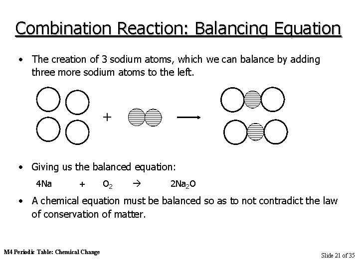 Combination Reaction: Balancing Equation • The creation of 3 sodium atoms, which we can